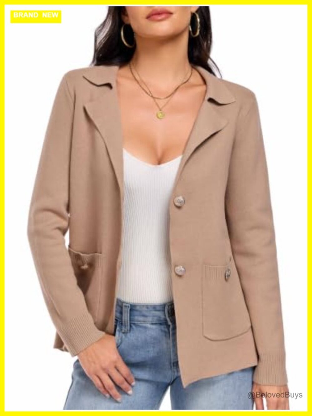 Women's Knit Sweater Blazer Pearl Button Business Casual Cardigan Jacket